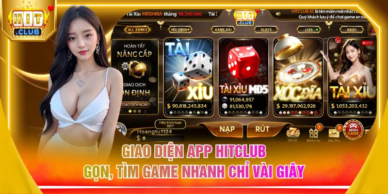 Giao diện app HITCLUB gọn, tìm game nhanh chỉ vài giây